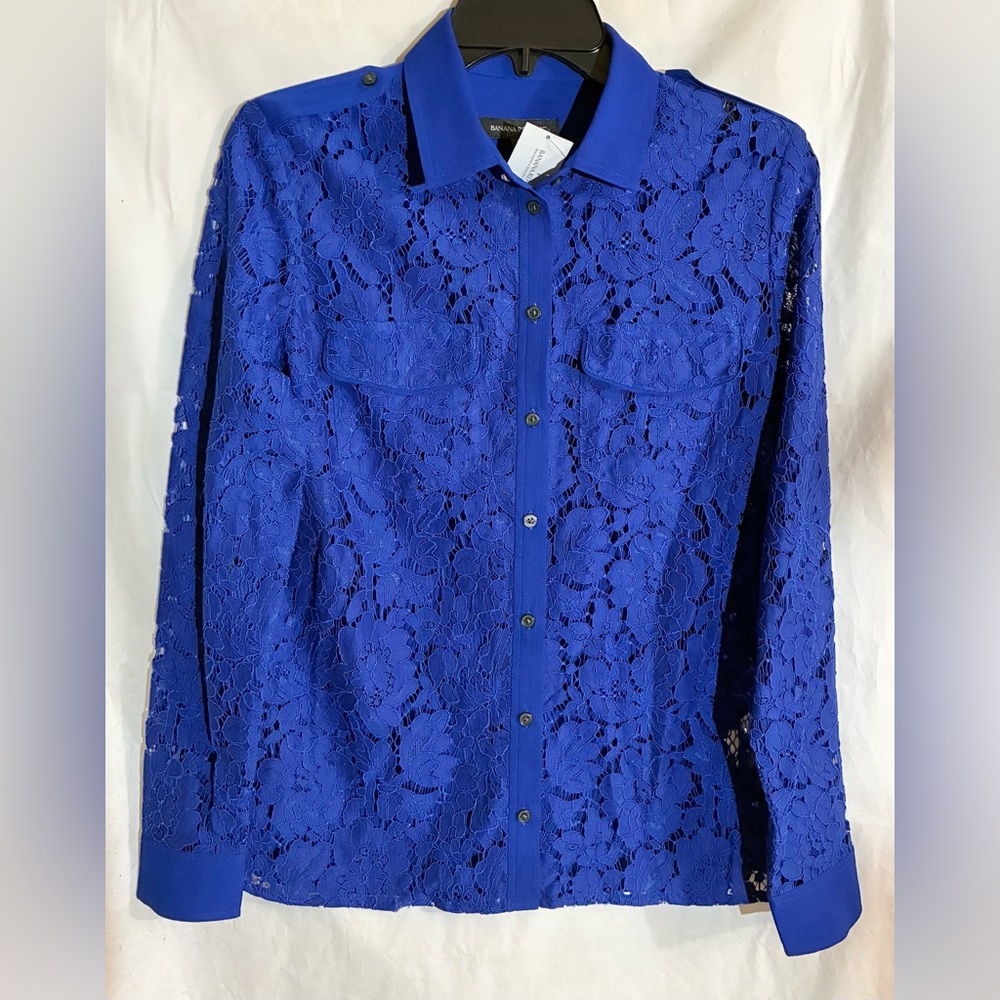 Banana Republic Lace Button Top Sz XS Flap Chest Pockets Semi Sheer NEW tag